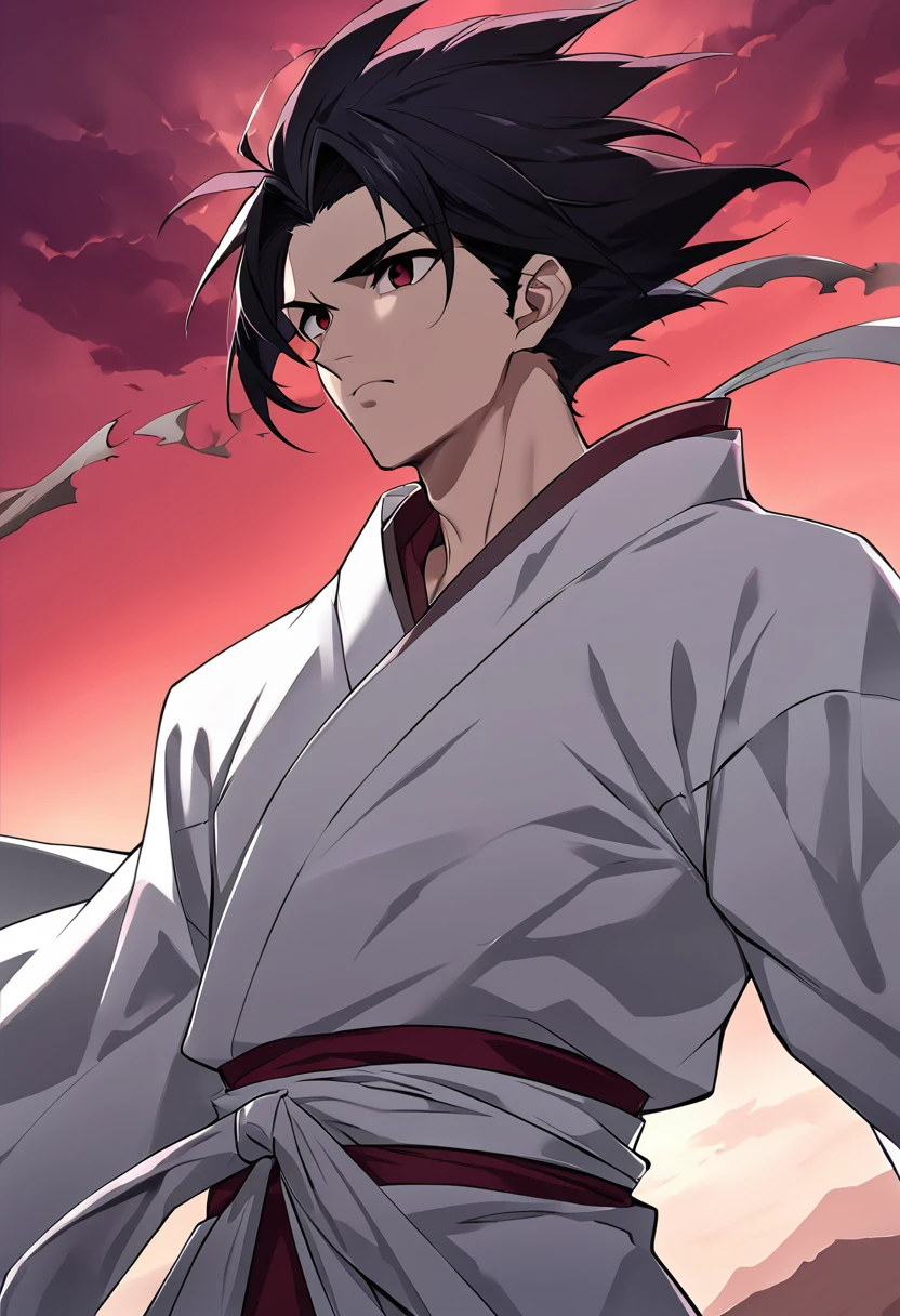 1boy, male focus, ponyzeldris, black hair, short hair, spiked hair, black eyes, red eyes, empty eyes,muscle, ((wearing white torn kimono)),in a red land, purple mountains, red sky, wind, clothes in the wind, hair in the wind, serious expression, powerful posing,scars at body