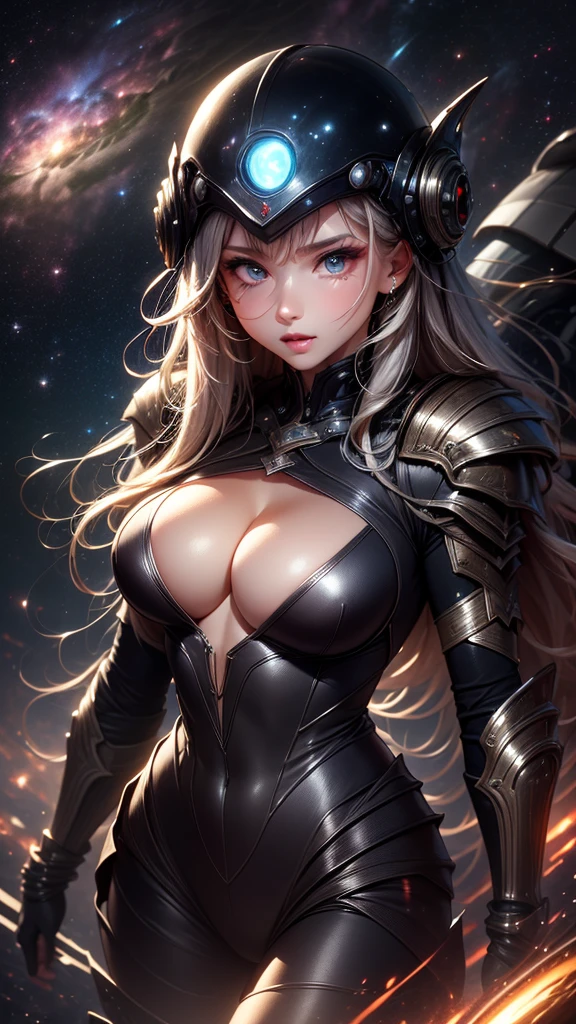 Alien woman, in a space suit, lots of cleavage, (floating in space), ((floating next to space ship)), (viewport of a nebula), faceless, helmet, combine assassin, military, gas mask, shoulder armor, armor, bulletproof vest, one-eyed, black bodysuit, white armor, glowing eye,