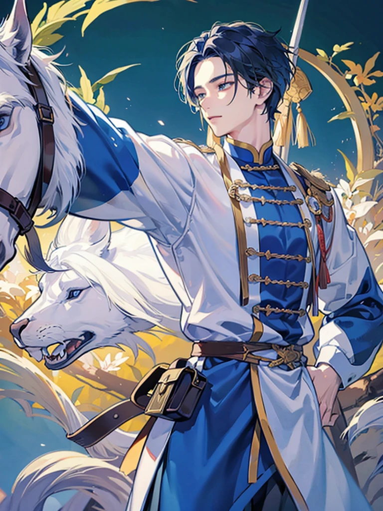 zhao zilong a handsome man, a general holding a spear and riding a white stalion