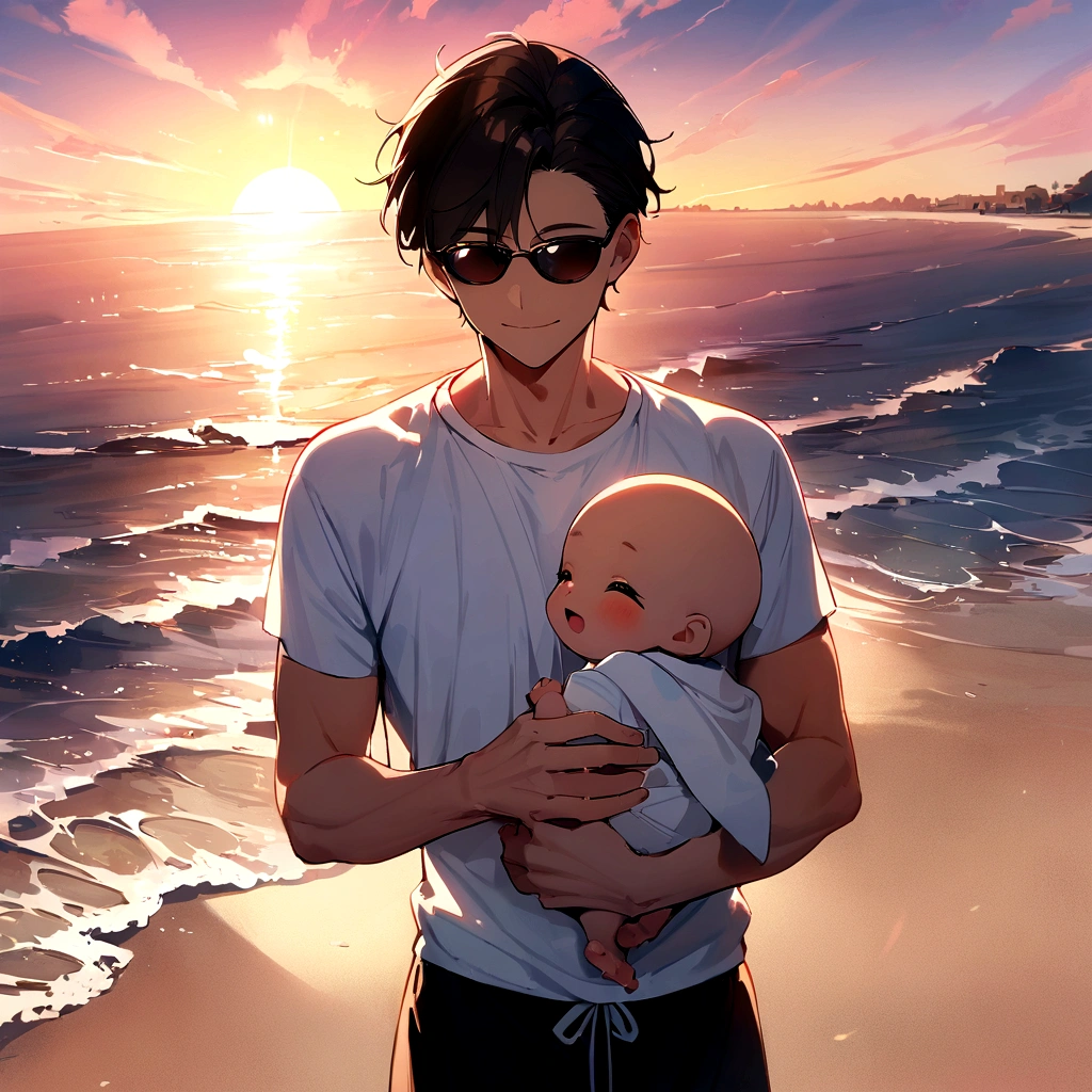 masterpiece, best quality, Stills, 1. male, Light brown skin, sunglasses, Thin and tall body, Black short hair, White T-shirt, Beach Shorts, Holding twin babies, , close up, bright, Happy, bright morning, Beautiful sunrise, (spark:0.7)