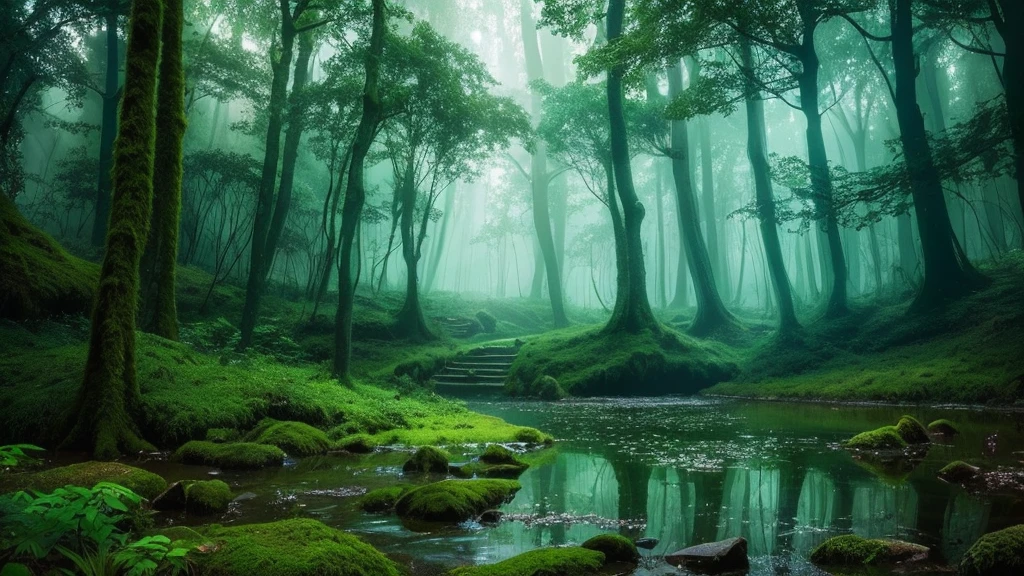 scene inside forest,Magical Forest backround,Mysterious Forest, Magical Forest, Mysterious Forest lagoon, Fantasy Forest,rain,Fairytale Forest