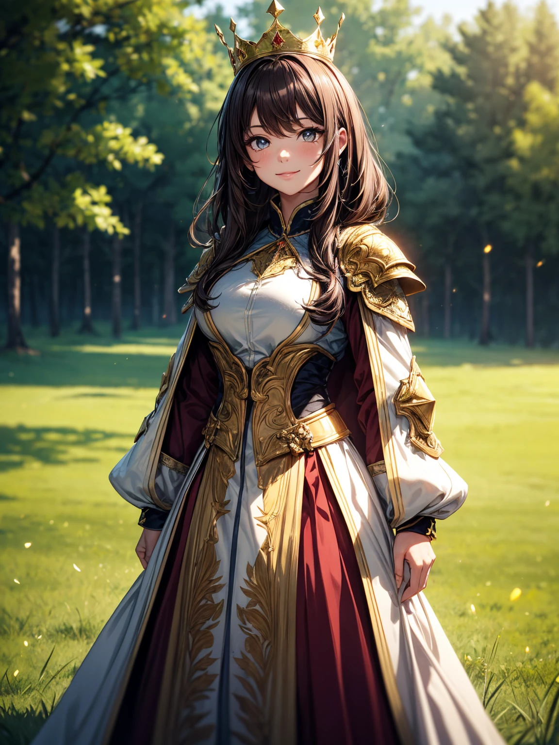 masterpiece, best quality, lineart, anime screencap, sketch, (1girl), brown hair, long hair, brown eyes, bright pupils, sparkling eyes, solo, royal clothes, royal robes, embroidered robes, ornate clothes, intricate robes, crown, standing, smile, standing, looking at viewer, light particles, scenery, outdoors, green fields, grass fields, day light, sunlight,
BREAK,
knight, knights, armored knights, multiple male, bokeh, blurry background, 200mm lens,