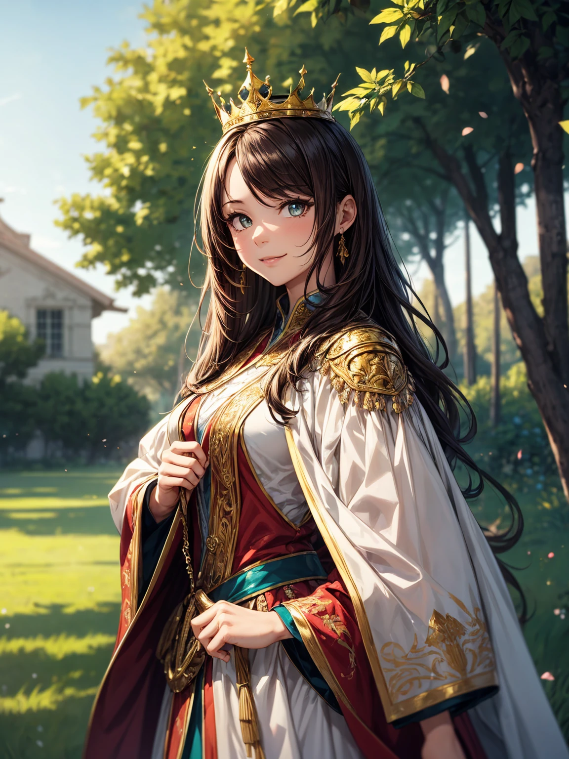 masterpiece, best quality, lineart, anime screencap, sketch, (1girl), brown hair, long hair, brown eyes, bright pupils, sparkling eyes, solo, royal clothes, royal robes, embroidered robes, ornate clothes, intricate robes, crown, standing, smile, standing, looking at viewer, light particles, scenery, outdoors, green fields, grass fields, day light, sunlight,
BREAK,
knight, knights, armored knights, multiple male, bokeh, blurry background, 200mm lens,