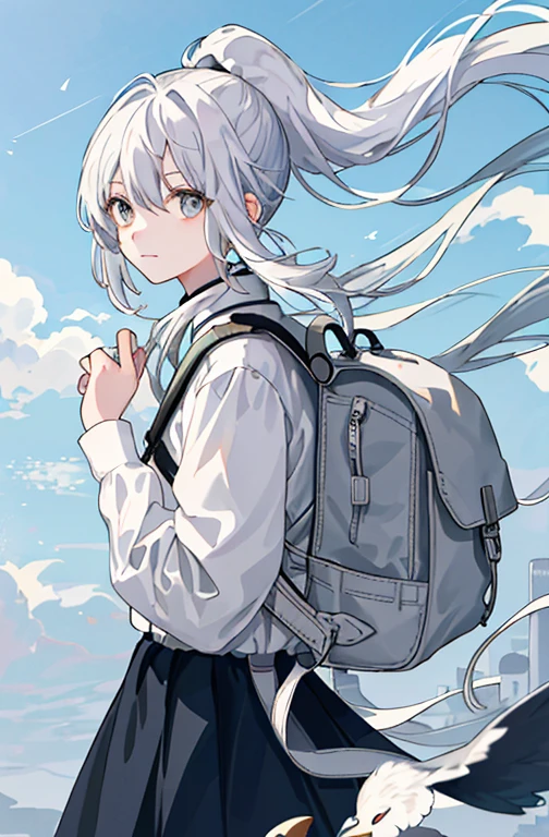(masterpiece、Top quality、Implications、Very high quality、High level of image quality、Extremely sensitive writing)Stand in the wild、Girl with long white hair、Gray eyes、A faint smile、Wearing a high ponytail、Hair blowing in the wind、Carrying a backpack、adventurer、Overall colorless
