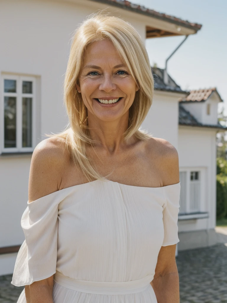A realistic, photorealistic image of Felicidad, a 60-year-old Finnish woman with a Scandinavian background, (((blonde and shoulder length hair))), smiling and enjoying, overlooking the mansion over the hilltop, upper body and upper legs, (((round face))), (long hair)