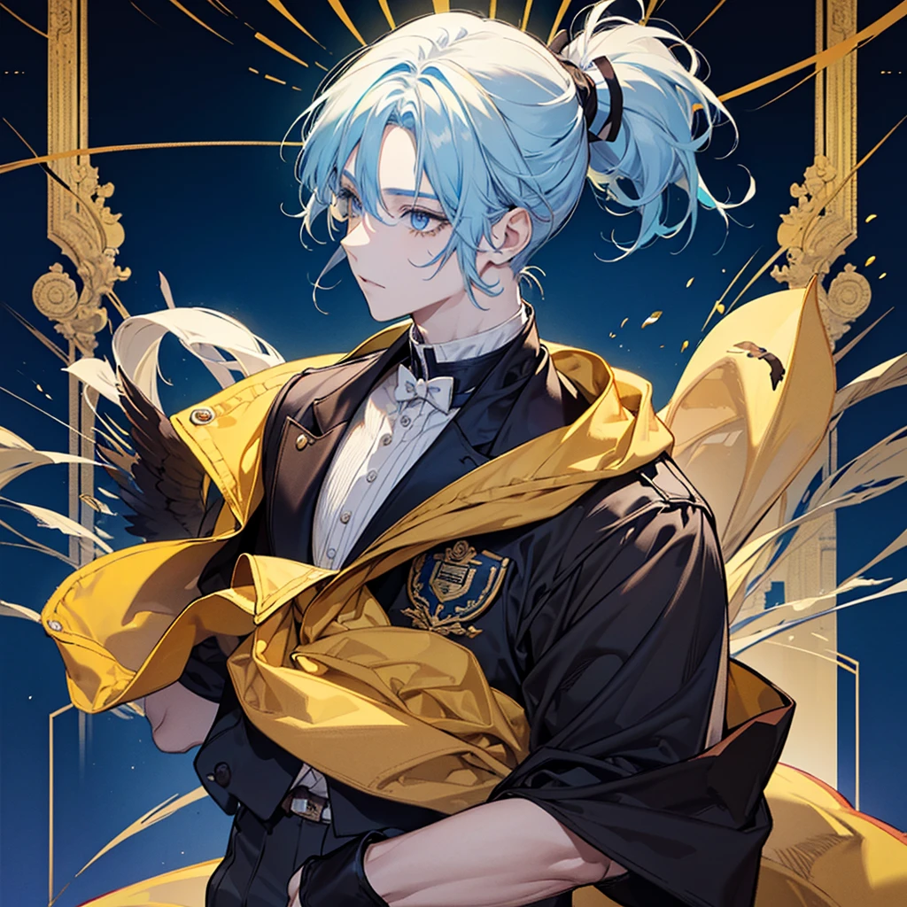 A desain solo boy, with ponytail, His hair is yellow, his eyes are blue, he wears a baseball jacket  coklat and,school, vintage boy!!!!!