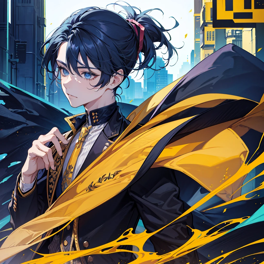 A desain solo boy, with ponytail, His hair is yellow, his eyes are blue, he wears a baseball jacket coklat and,school, vintage boy!!!!!