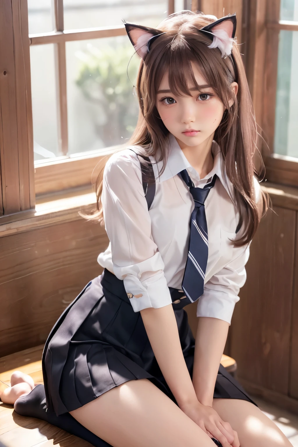 (Showing off panties:1.2), (Cat ears:1.3), (Professional portrait, Realistic and perfectly shaped subjects:1.3), (masterpiece, highest quality:1.2), (Realistic, Ultra-realistic, Realistic:1.3), (ultra High resolution), High resolution, Intricate details, Super detailed, (Highly detailed CG, unity 8k wallpaper:1.3), Clear image,
break
(1 Japanese girl, 16 years old), (cute, Slender figure), (Perfect Anatomy, Correct limbs:1.2), (Perfect hands), Perfect Arms, Beautiful and delicate face down to the last detail, Beautiful and delicate eye and eye highlights, (Very thin and delicate、not too long lashes), (Captivating eyes, Beautifully detailed eyes and face), light makeup, Pink Lip, Lip gloss, Stylish face, (Shiny skin, Realistic skin detail), Brown Hair, medium chest
break
((school uniform)), (High school girl), (Black socks), shirt open
break
classroom, Sitting in a chair, (Cowboy Shot), break
(((blush:1.4))), ((Embarrassing:1.4)), (((shy:1.5)))
break
from below
break