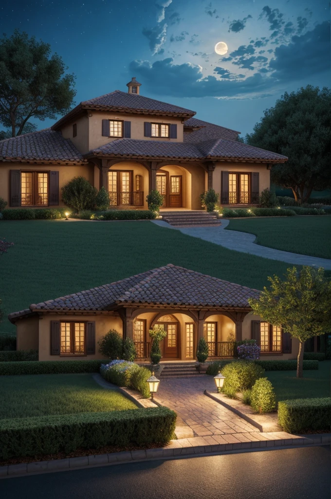 a magnificent Provençal landscape, a beautiful house, full moon in the night sky, detailed clouds, romantic atmosphere, warm lighting, vibrant colors, cinematic composition, photo-realistic, (best quality,4k,8k,highres,masterpiece:1.2),ultra-detailed,(realistic,photorealistic,photo-realistic:1.37),HDR,UHD,studio lighting,ultra-fine painting,sharp focus,physically-based rendering,extreme detail description,professional,vivid colors,bokeh,award-winning photograph