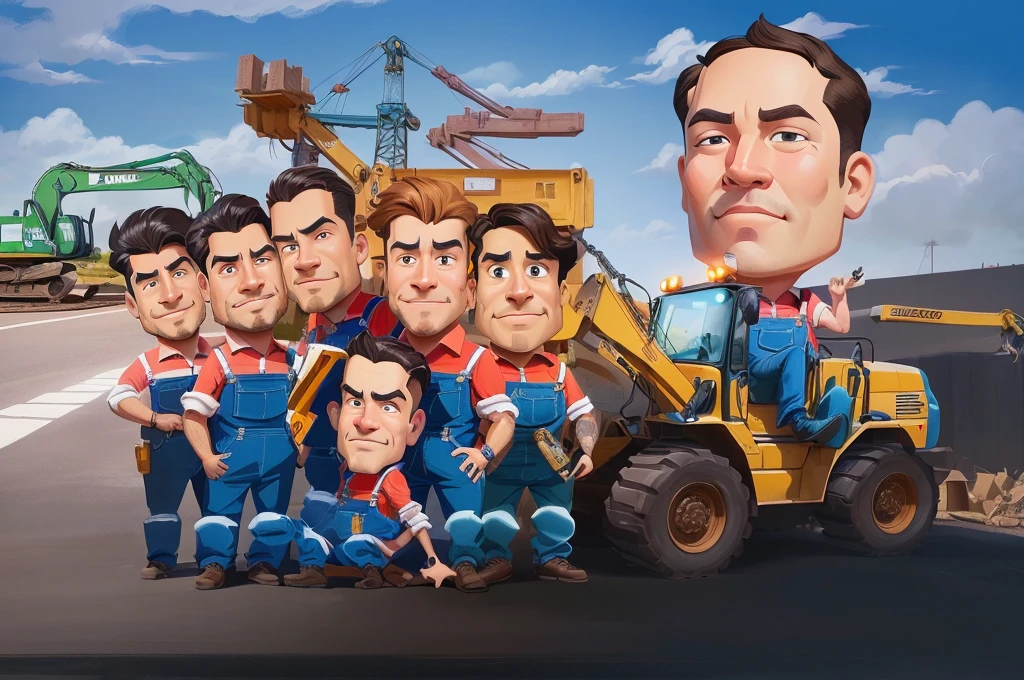 arafed picture of a group of men in blue overalls standing in front of a construction vehicle, caricature illustration, caricature style, cartoon digital painting, proffesional illustration, caricature, cartoon artstyle, potrait, in cartoon style, professional illustration, cartoon digital art, stylized digital illustration, professional artwork, digital art cartoon, official illustration, caricature!!!