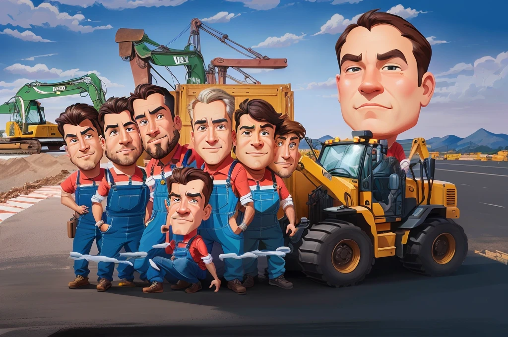 arafed picture of a group of men in blue overalls standing in front of a construction vehicle, caricature illustration, caricature style, cartoon digital painting, proffesional illustration, caricature, cartoon artstyle, potrait, in cartoon style, professional illustration, cartoon digital art, stylized digital illustration, professional artwork, digital art cartoon, official illustration, caricature!!!