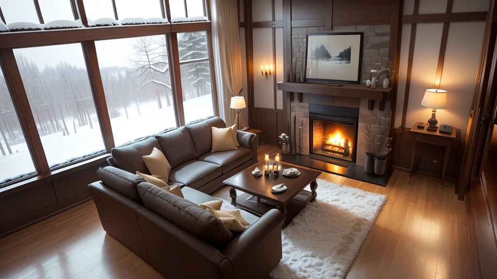 night，Floor-to-ceiling windows，Heavy snow，fireplace，sofa，Warmth，Quiet。