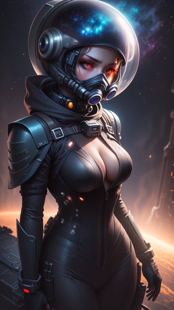 Alien woman, in a space suit, lots of cleavage, (floating in space), ((floating next to space ship)), (viewport of a nebula), faceless, helmet, combine assassin, military, gas mask, shoulder armor, armor, bulletproof vest, one-eyed, black bodysuit, white armor, glowing eye, 