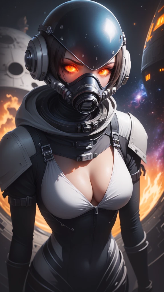 Alien woman, in a space suit, lots of cleavage, (floating in space), ((floating next to space ship)), (viewport of a nebula), faceless, helmet, combine assassin, military, gas mask, shoulder armor, armor, bulletproof vest, one-eyed, black bodysuit, white armor, glowing eye, 