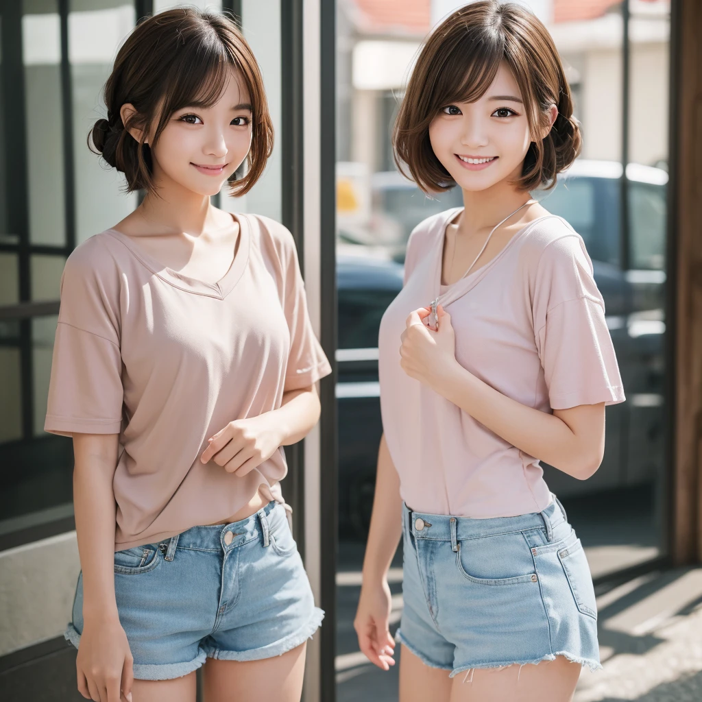 masterpiece:1.3), (8K, Realistic, RAW Photos, Best image quality: 1.4), Japanese schoolgirl、(Random Hairstyles:1.2)、Highly detailed face、Attention to detail、double eyelid, Sharp focus:1.2、Beautiful woman:1.4、Light brown hair、Highest quality、masterpiece、Ultra-high resolution、(Realistic:1.4)、Highly detailed and professionally lit smiles、Loose、Shorts、thin、Smiling face、Short-haired、Deadly position、portrait, 