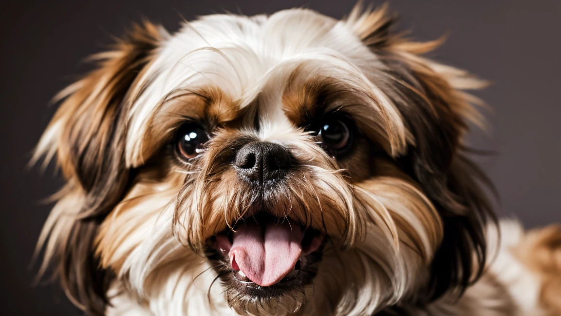 realistic portrait of the face of a light colored brown Shih Tzu dog with one missing eye. shorter length fluffy hair that is slightly shaggy. The portrait is realistic with studio lighting. the dogs mouth is closed, but you can just barely see the very tip of it's tongue. the dog should be looking directly at the camera. with a colorful sacred geometry pattern on a black background