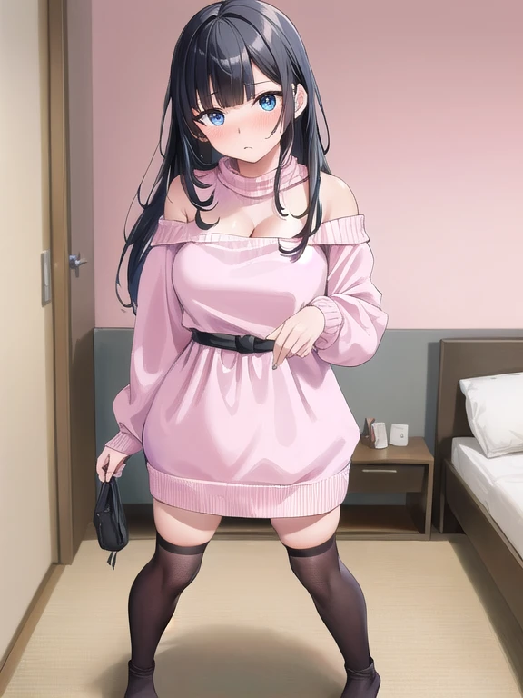 (masterpiece:1.3), (Absurd:1.3), (highest quality:1.3), The Hands of Guido Daniele, (Very detailed:1.3), (Best Shadow:0.7), (Processed Hair), One girl, alone, S1, aizawa ema, 16 years old, (medium Breasts:1.0), perky breasts, cleavage, (thick thighs:0.4), (black hair:1.4), Asymmetrical bangs, Blunt bangs, blue eyes, (pink sweater dress:1.4), Top, cleavage, Bare shoulder, no bra, (nipple shape:1.0), (simple black socks:1.4), cute face, panic face, (embarrassed:1.0), in the bed room, beside the bed, standing up, full body,