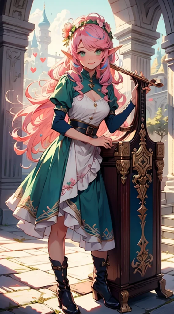 beautiful shy adult women elf, long pink hair and blue streaks hair, green eyes, with flower crown, smile, flirty bard, playing a magical harp, full body, boots, blue and pink armor dress, medium bust,