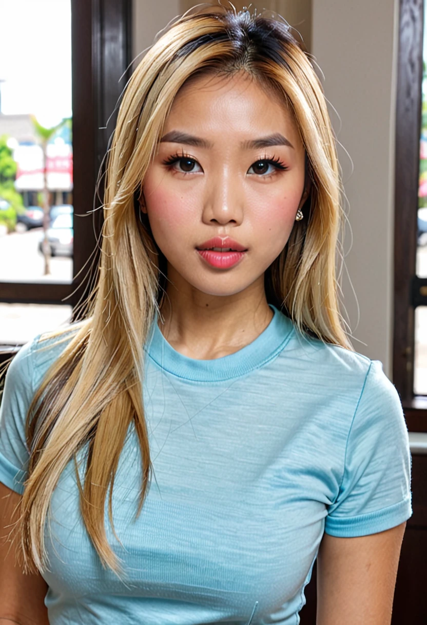 Woman, Asian American, very attractive, big lips, blonde highlights, straight hair, big tits, fully clothed, tight baby tee, 