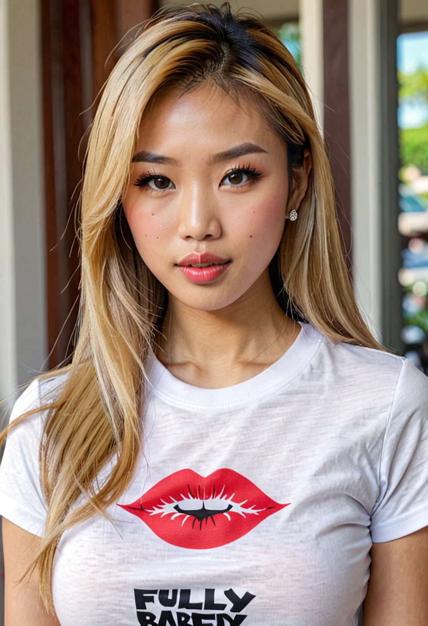 Woman, Asian American, very attractive, big lips, blonde highlights, straight hair, big tits, fully clothed, tight baby tee, 