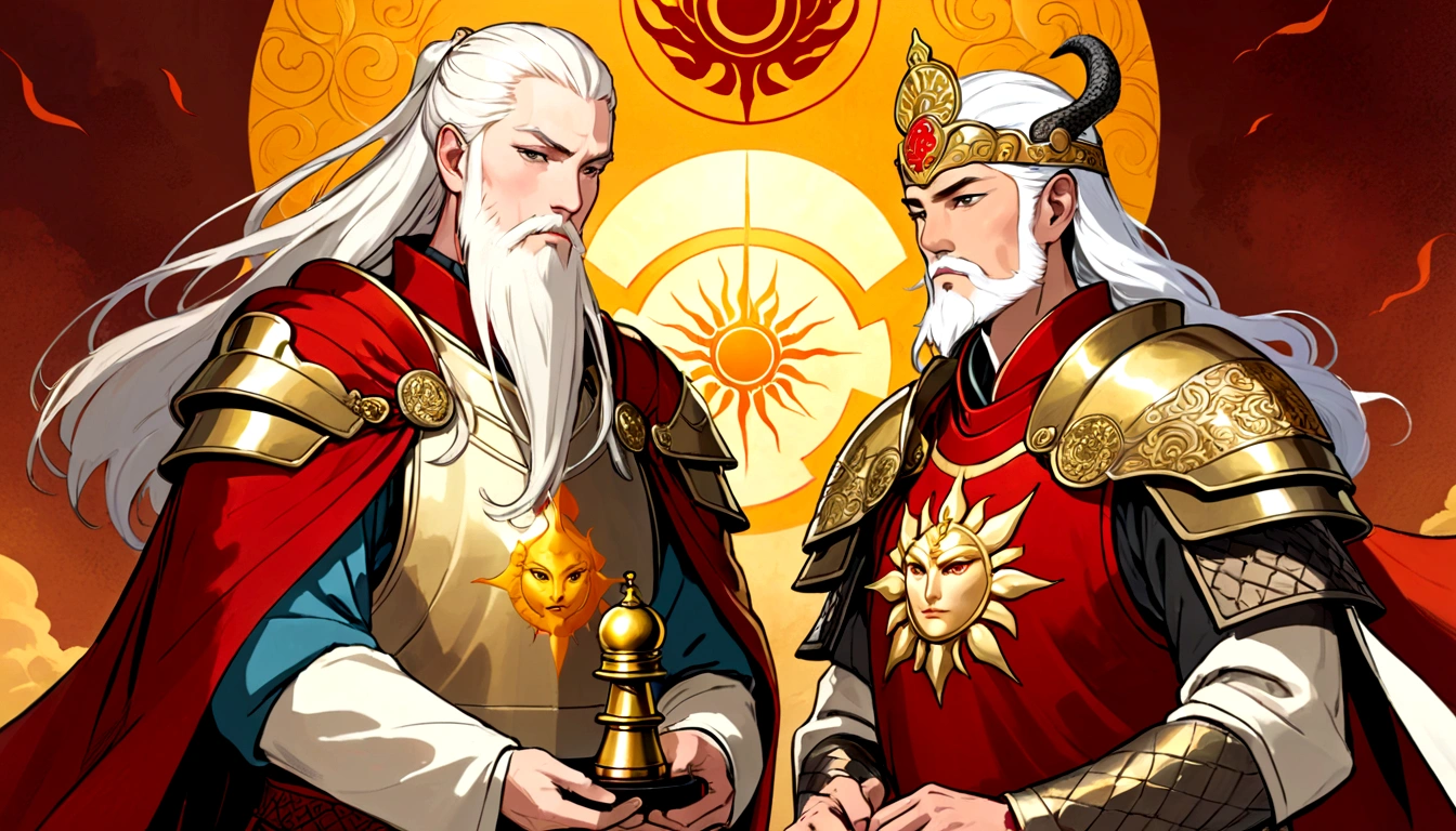 Two men, one is an elderly emperor named John, who is tall and has a square face. He has long silver-white hair, wears a golden crown, thick sword eyebrows, and a long white beard. He has pale skin and wears a gorgeous golden robe with dragons embroidered on it. Wen, another young general named Ken, has a burly body, a long face, short blond hair, thick eyebrows, a short beard, and a healthy bronze color. He wears red armor with a symbol of the sun and a golden sword on his waist. Two people are playing chess