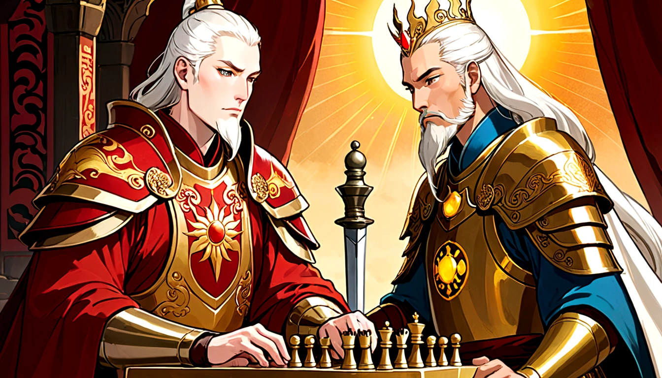 Two men, one is an elderly emperor named John, who is tall and has a square face. He has long silver-white hair, wears a golden crown, thick sword eyebrows, and a long white beard. He has pale skin and wears a gorgeous golden robe with dragons embroidered on it. Wen, another young general named Ken, has a burly body, a long face, short blond hair, thick eyebrows, a short beard, and a healthy bronze color. He wears red armor with a symbol of the sun and a golden sword on his waist. Two people are playing chess