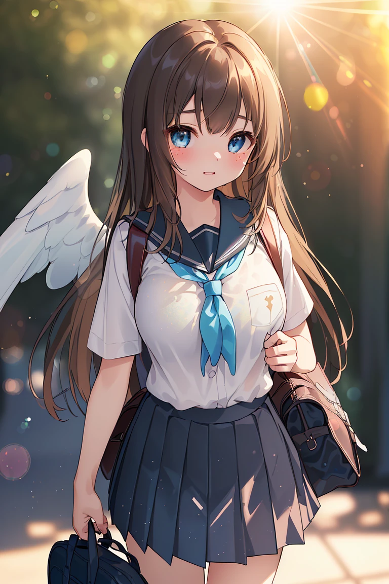 (masterpiece, Highest quality, Highest quality, Official art, beautifully、aesthetic:1.2), Very detailed, colorful, The finest details ((Super detailed)), (Highly detailed CG illustrations), ((Very delicate and beautiful)),(8K Photo Quality),(完璧なShine肌, Detailed skin, The most detailed face),(One girl, cute), solo, Exterior, Shibuya Ward/(Tokyo/), break,(Brown Hair, Super long hair), blue eyes, Large Breasts, (Seraphim, Pleated skirt, Short sleeve, school bag:1.5),(Particles of light, Lens flare, Depth of written boundary, Shine, Bokeh, Speckled sunlight:1.3), Are standing,Black Hair,Big Breasts