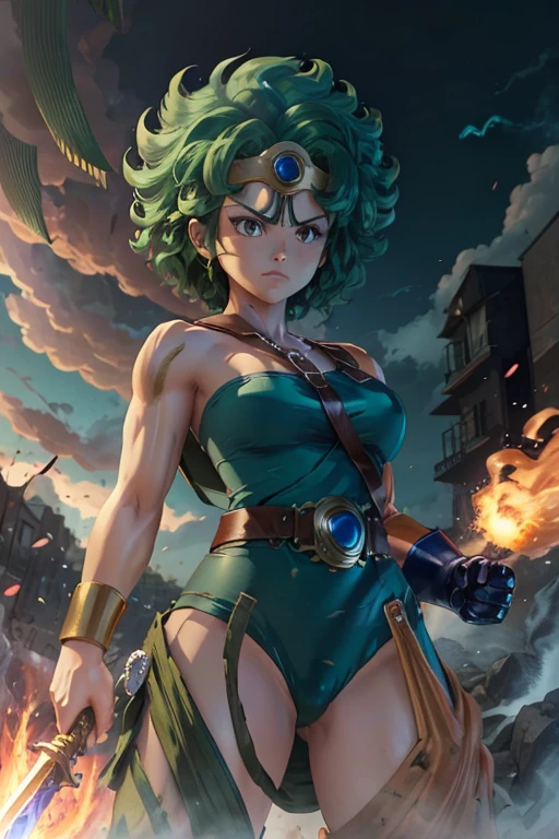 Anime Artwork Anime Artwork Masterpiece,Highest quality, Unreal Engine, Ultra-high resolution, Very detailed丸い胸, 1 person with medium chest,  Waist, thin,(Muscular:0.9)
 heroine, 
Circlet, Curly Hair, Green Hair, short hair, Asymmetrical clothing, leotard, belt, One-handed gloves, Single Sleeve, Single Thigh High Cave, Holding a sword, . Anime Style, Key Visual, Vibrant, Studio Anime,  Very detailed、be attacked by fire by the enemy.