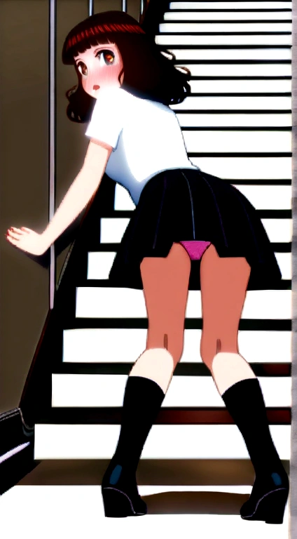 ((masutepiece, Best Quality, hight resolution, nffsw, Perfect Pixel,  4K, nffsw, nffsw))), 1girl in, Single, Solo, Beautie、full body seen、 ((Short Wave Hair, Bangs, Brown hair)), ((Brown-eyed, Beautiful eyelashes, Realistic eyes)), ((Detailed face, Blushing:1.2)), ((Smooth texture:0.75, Realistic texture:0.65, Photorealistic:1.1, Anime CG style)), medium , Dynamic Angle, Perfect body,  ((red bowtie, , , White shirt, Black skirt, plaid skirts)), City staircase、Looking up from the bottom of the stairs、Very embarrassing panic smile、Open your mouth and make a surprised face、 turned around、bending forward、(The wind flippedskirt and exposed my butt..........................、stick out your butt、Touching tuttocks with both nk lace panties)、