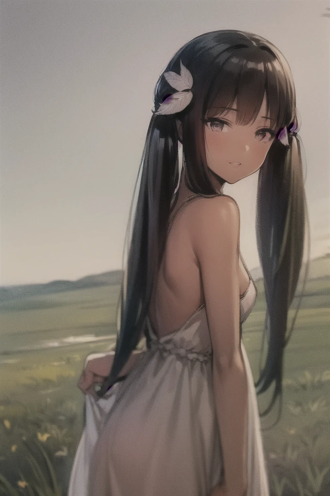 masterpiece, best quality, 1girl, tlily, black hair, twintails, feather hair ornament, headband, dark skin, dress, native american, upper body, sketch, looking at viewer, night, meadow background  