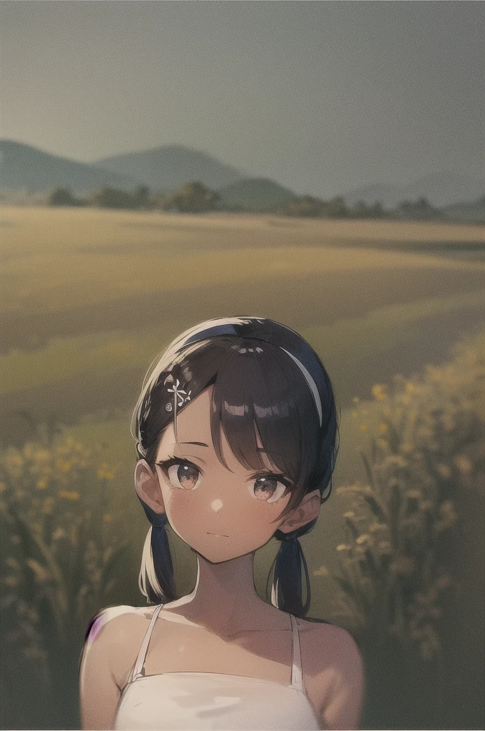 masterpiece, best quality, 1girl, tlily, black hair, twintails, feather hair ornament, headband, dark skin, dress, native american, upper body, sketch, looking at viewer, night, meadow background  