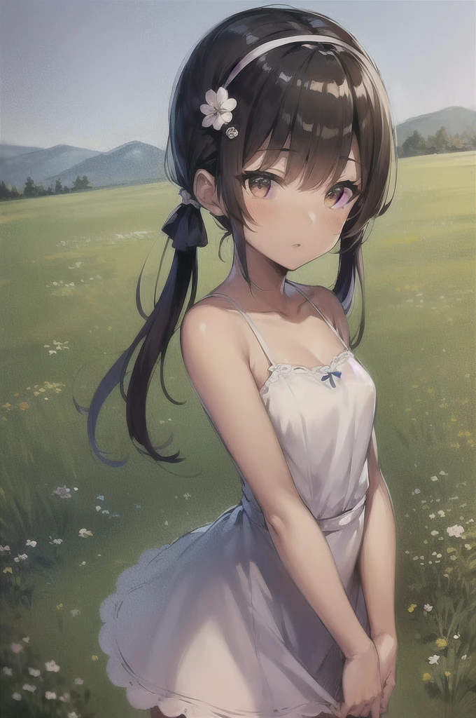 masterpiece, best quality, 1girl, tlily, black hair, twintails, feather hair ornament, headband, dark skin, dress, native american, upper body, sketch, looking at viewer, night, meadow background  