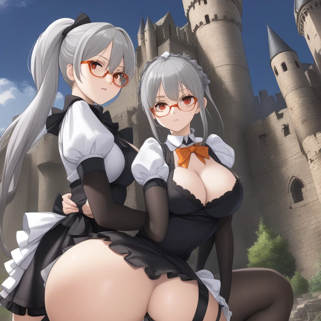 nsfw,anime screencap,official art, nsfw,sex with one man,blowjob,facial ,creampie,straddling on the man,1 woman, 2 men,black maid uniform,maid apron,black garter belt,black stockings,spread legs,,large breasts,short of a person,pubic hair,big areola,plump body,pale skin,beautiful face,sharp eyes,angry,glare at,ponytail,lightgrey hair,orangered eyes,focusing,castle,ruins,glasses,anime style,high quality,masterpiece,(blowjob,hand job)