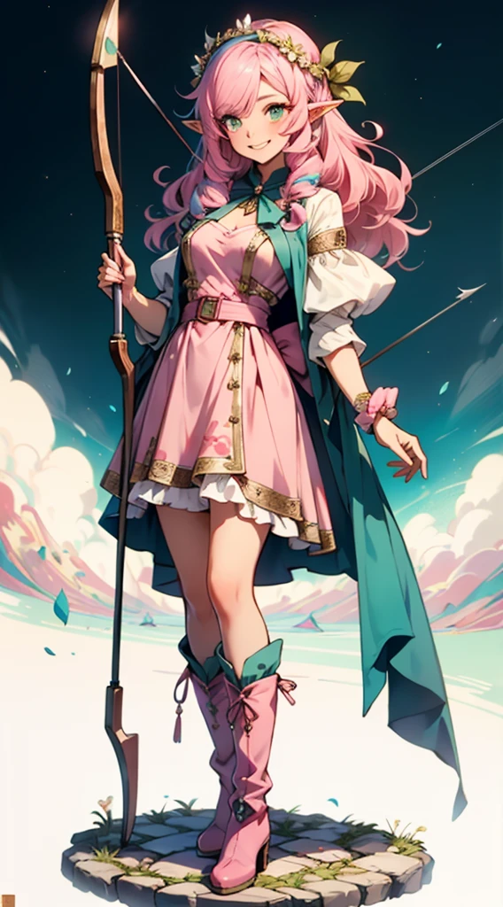 beautiful shy adult women elf, long pink hair and blue streaks hair, green eyes, with flower crown, smile, flirty bard, shooting arrow from bow, full body, boots, blue and pink armor dress, medium bust,