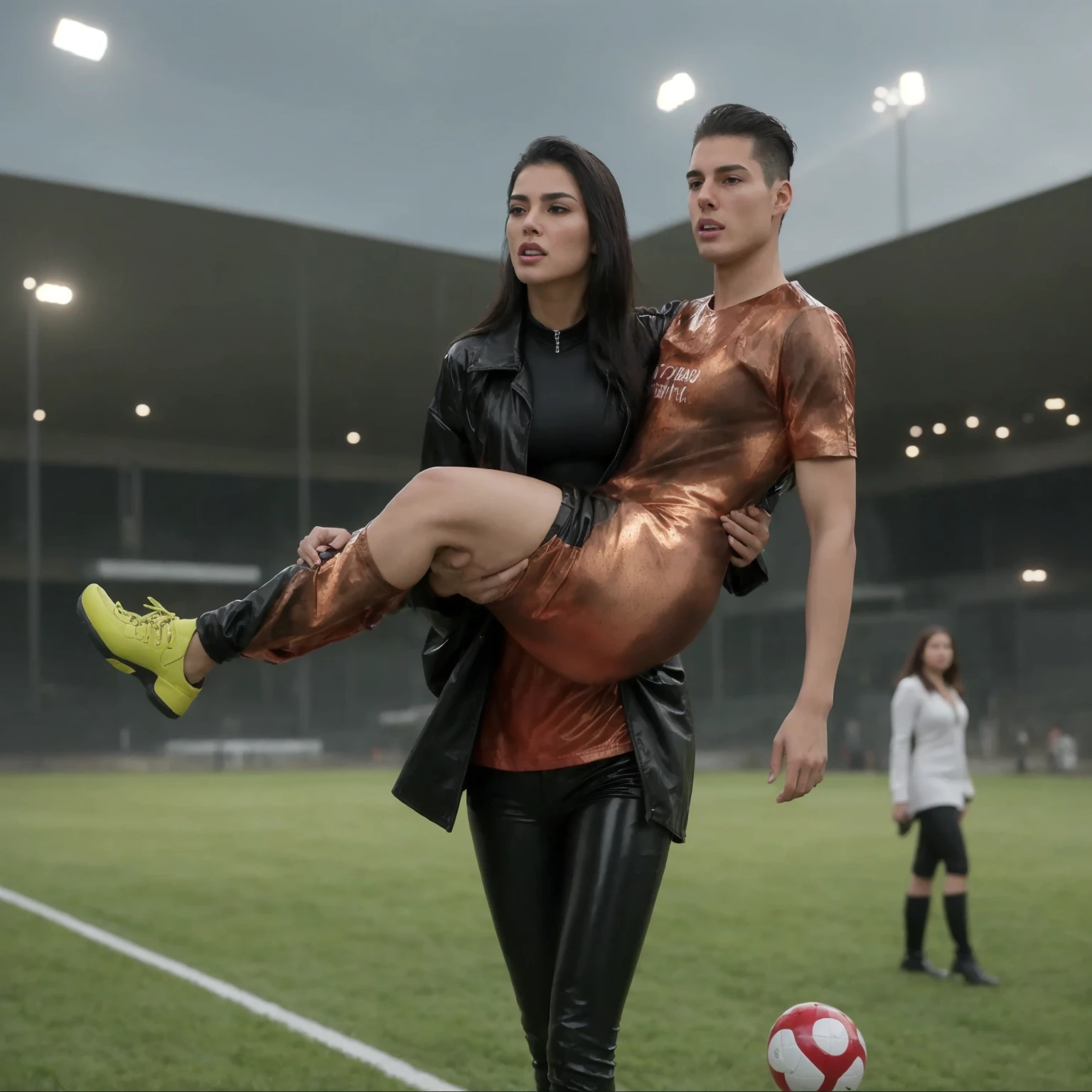 rainy weather, rainfall, humid, girl carries guy, lift and carry, an excessively madeup latino-girl in a high-shine wet black latex downcoat, a young madeup latino-girl in a shiny black vinyl downjacket, a madeup latino-girl in a shiny plastic-downcoat, a very sad and desperately crying latino-girl, an intensely madeup latino-girl in a glossy black vinyl-downcoat, latino-girl with lipstick, latino-girl with smoky eyes, dramatic action pose, woman that is carrying a skinny shorthaired man, there is a beautiful woman in a shiny coat who is carrying a shorthaired blond man in her arms, a longhaired beautiful woman in a high-shine black puffy coat, a longhaired woman in a shiny downcoat, a woman is carrying a shorthaired man who is wearing black shorts, a weak shorthaired man in black shorts is consciousless and needs to be carried, a shorthaired man with closed eyes is carried in the arms of a longhaired latino-woman, a latino-woman looks very scared and terrified, a consciousless shorthaired man with closed eyes is suffering very much and has a very painful face, photo, photo shoot, photographed, arafed man being carried by a woman on a plane, very realistic, very very realistic, hyper-realistic, hyper - realistic, hyper realistic, jacket over bare torso, very disturbing, very hyperrealistic, tom cruise torso, super realistic, hyperrealistic!, extremely realistic, very very very realistic, super-realistic, matte and very dull cotton fabric