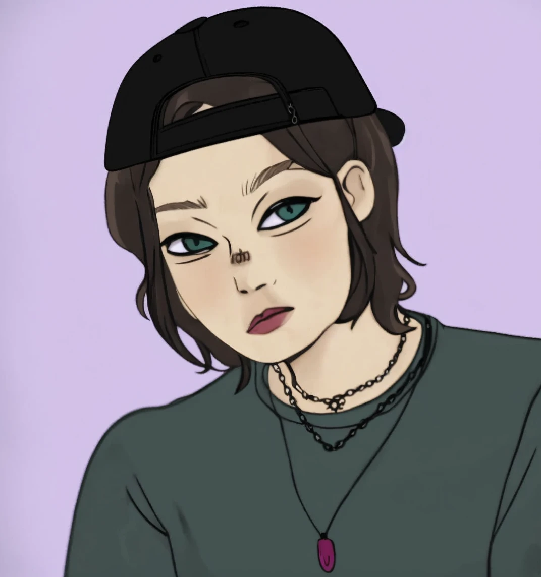 brown hair girl, back view hat, earrings, green eyes, greek nose, dark circles, pink lips, chains necklace with sun pingent, masculine clothes
