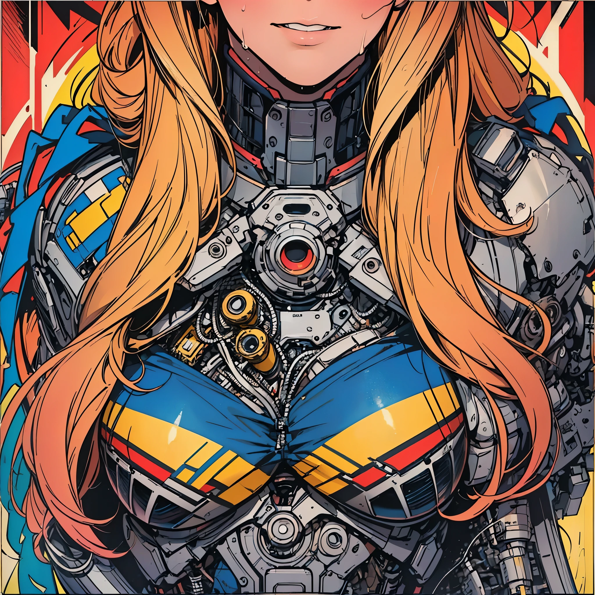 (((ultimate best quality))),((((solo:1.2)))),((((1girl:1.2)))),((((beautiful perfect woman)))),(((detailed perfect body, detailed perfect finger))),((((((ultimate movie poster)))))),(((bust up, close up))),((((detailed complicated machine)))),(((((genius mechanical))))),(((American comics))),(((extreme highlights))),(((Extremely colorful, primary colors))),(cleavage),(super beautiful lady),(((typography))),(((various angles))),(((Sweat dripping down her chest)))