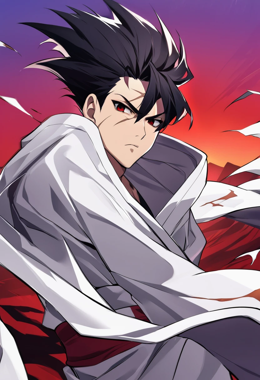 1boy, male focus, ponyzeldris, black hair, short hair, spiked hair, black eyes, red eyes, empty eyes,muscle, ((wearing white scratched kimono)),in a red land, purple mountains, red sky, wind, clothes in the wind, hair in the wind, serious expression, powerful posing,scars at body