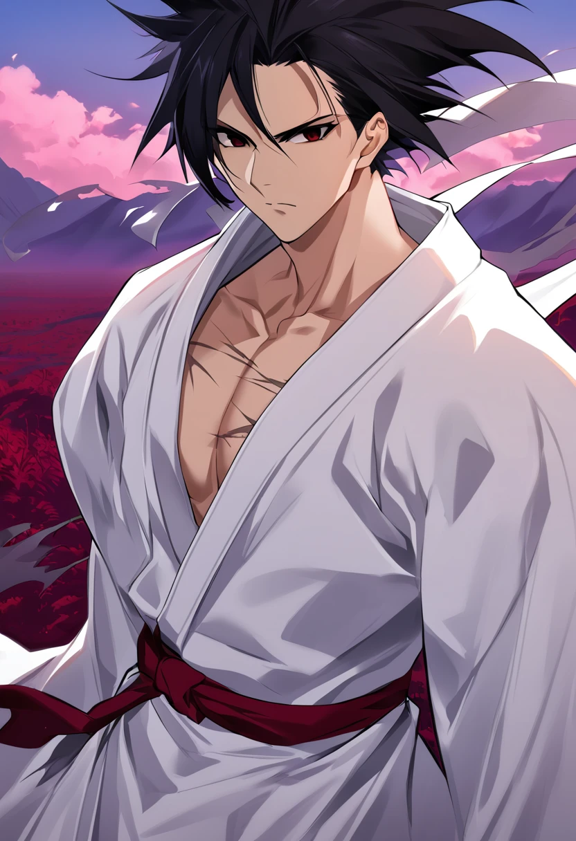 1boy, male focus, ponyzeldris, black hair, short hair, spiked hair, black eyes, red eyes, empty eyes,muscle, ((wearing white scratched kimono)),in a red land, purple mountains, red sky, wind, clothes in the wind, hair in the wind, serious expression, powerful posing,scars at body