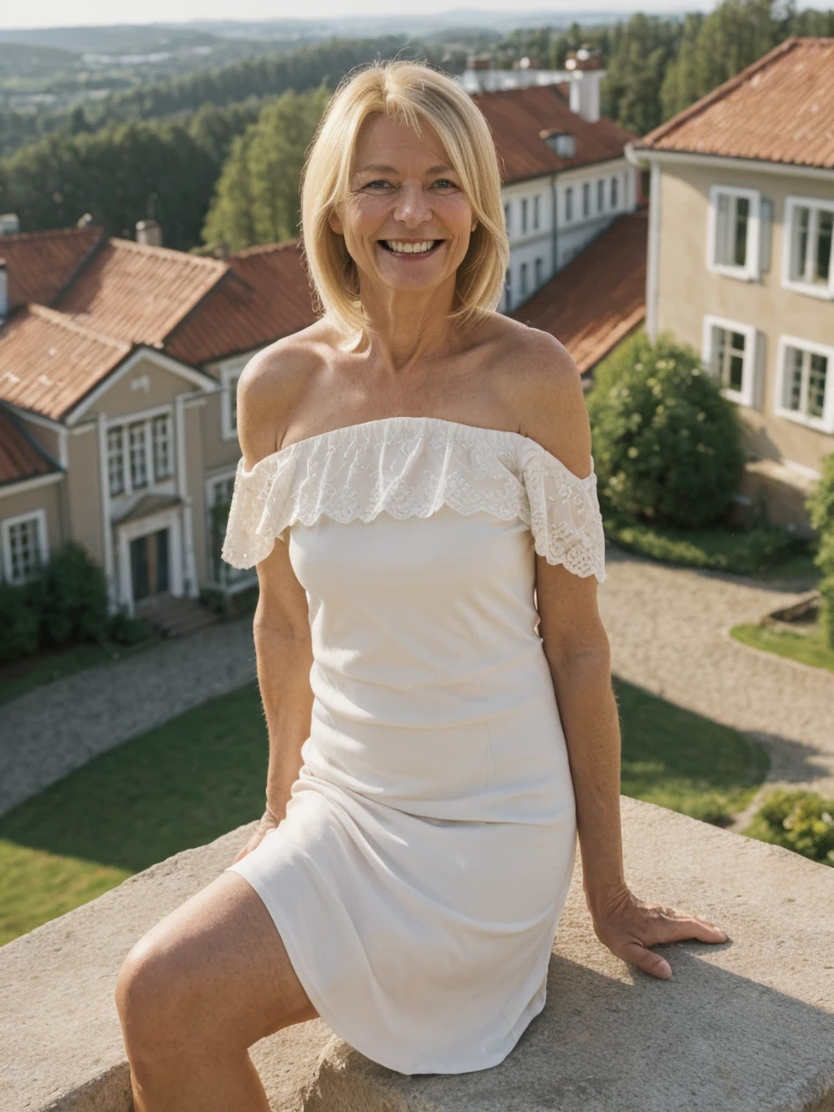 A realistic, photorealistic image of Felicidad, a 60-year-old Finnish woman with a Scandinavian background, (((blonde and shoulder length hair))), smiling and enjoying, overlooking the mansion over the hilltop, upper body and upper legs, (((round face))), (medium hair)