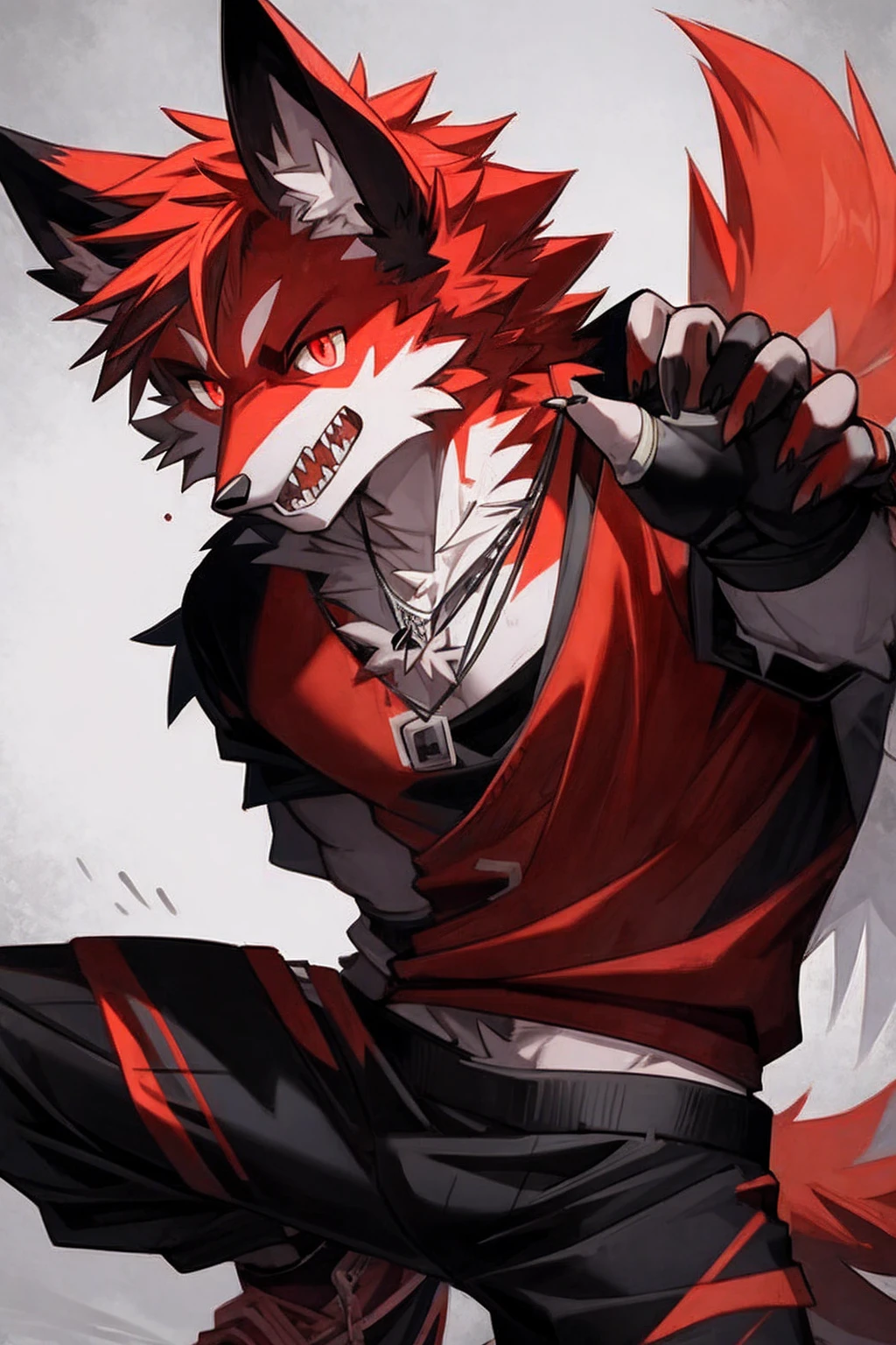demon,Wolf Tribe,juvenile,Red fur,demon角,Silver necklace,Fingerless gloves,Sportswear