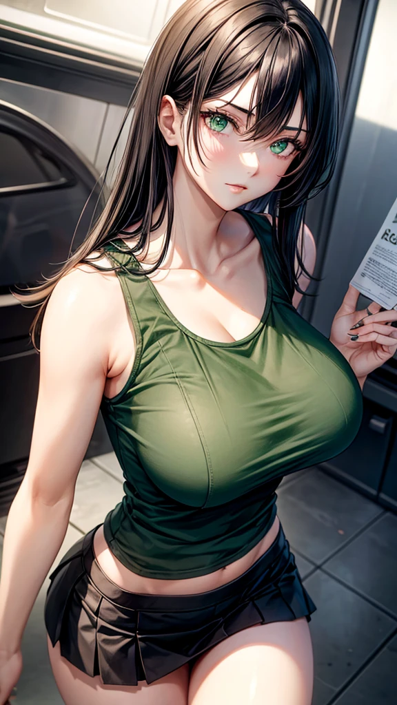 Black hair, green eyes, large breasts, slender, tank top, short skirt