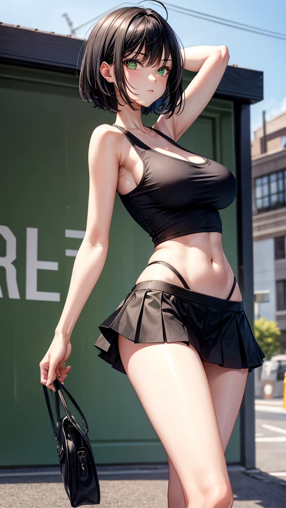 Black hair, green eyes, large breasts, slender, tank top, short skirt