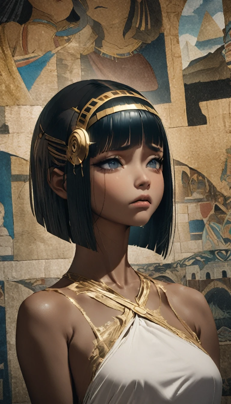 quality\(8K,非常に精細なCGユニットのwallpaper, masterpiece,High resolution,top-quality,top-quality real texture skin,Surreal,Increase the resolution,RAW Photos,最高quality,Very detailed,wallpaper\),BREAK,Perfect Anatomy、Cleopatra、Brown Skin、Very beautiful woman、30 years old、Black Hair、Very tall、zoom、cute、Grey Eyes、Unusual bob cut、Diamond Hair Ornament、Beautiful Egyptian White Dress、Gorgeous dress、Side Shot、Sad face、The background is an Egyptian mural、pyramid、pyramidの壁画、dark、darkness、