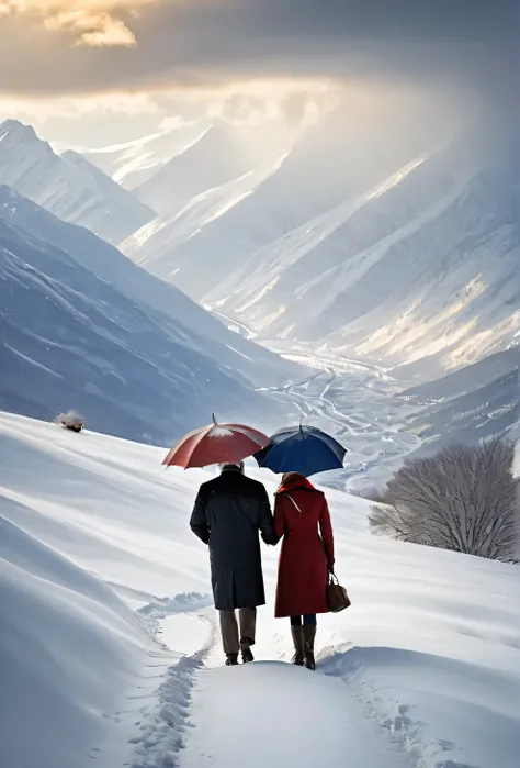 heavy snow，blizzard，下heavy snow，a couple of lovers，share an umbrella，back，back，warmth，touching，go into the distance，s-shaped pat...