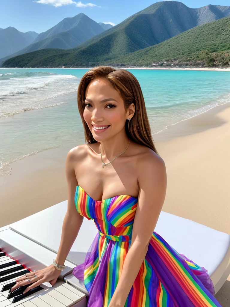 jennifer lopez is beautiful, smiling happily, wearing a rainbow-striped silk strapless dress, playing the piano, on the beach, mountains in the distance