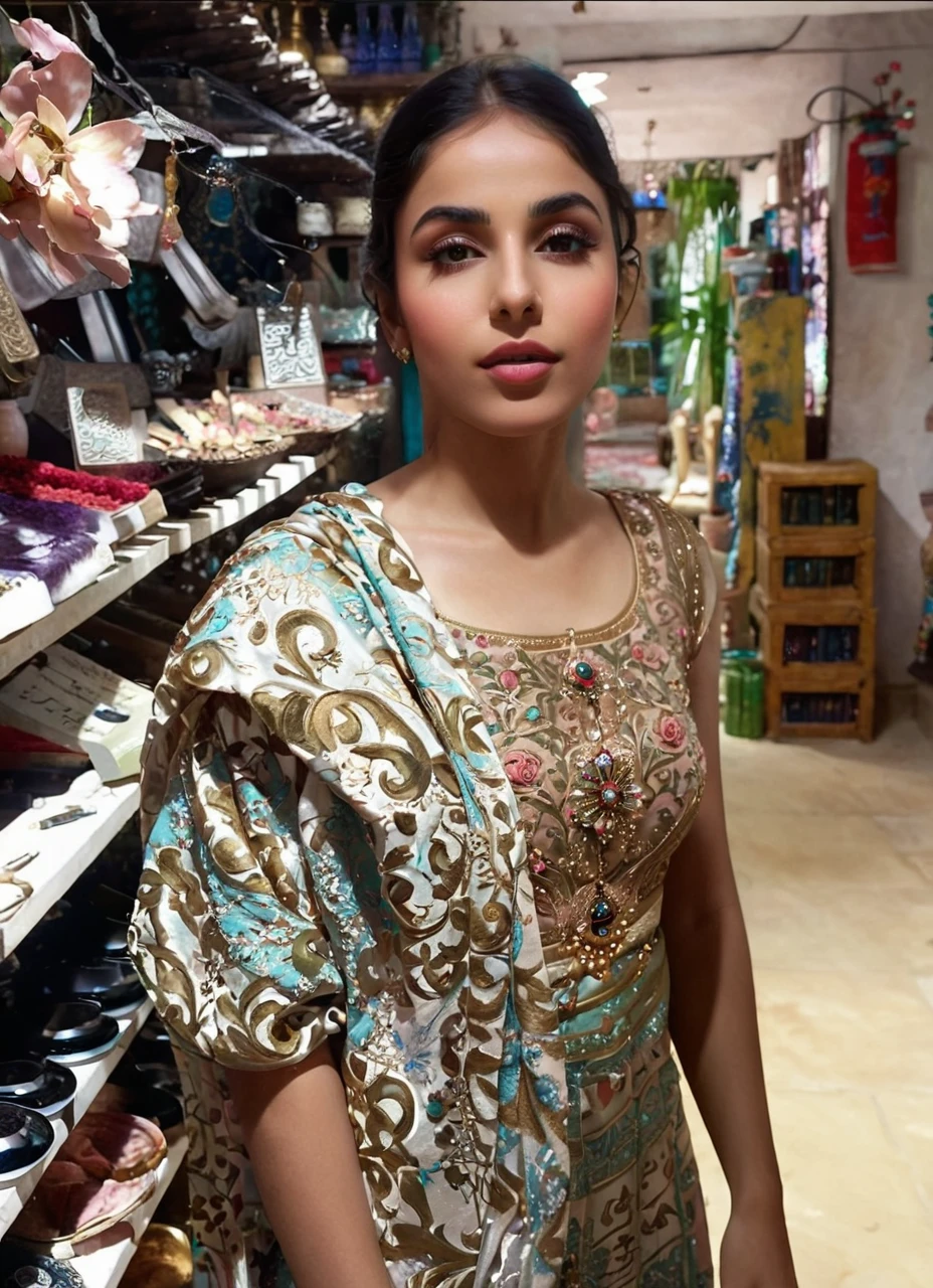 beautiful detailed girl in a serene garden, flowing dark hair, detailed eyes and lips, long eyelashes, rosy cheeks, graceful posture, turquoise blue hijab, delicate jewelry, traditional dress, constellation necklace, vivid colors, subtle brushstrokes, Persian-influenced pattern, soft lighting, traditional Arabic calligraphy, tenderly painted hands, 19th century portraits, color palette: warm tones, mood: tranquil, (best quality,4k,8k,highres,masterpiece:1.2),ultra-detailed,(realistic,photorealistic,photo-realistic:1.37)