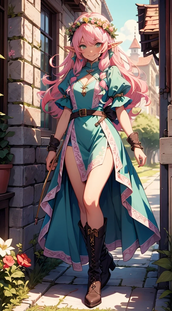 beautiful shy adult women elf, long pink hair and blue streaks hair, green eyes, with flower crown, smile, flirty bard, aiming an arrow from bow, full body, boots, blue and pink armor dress, medium bust,