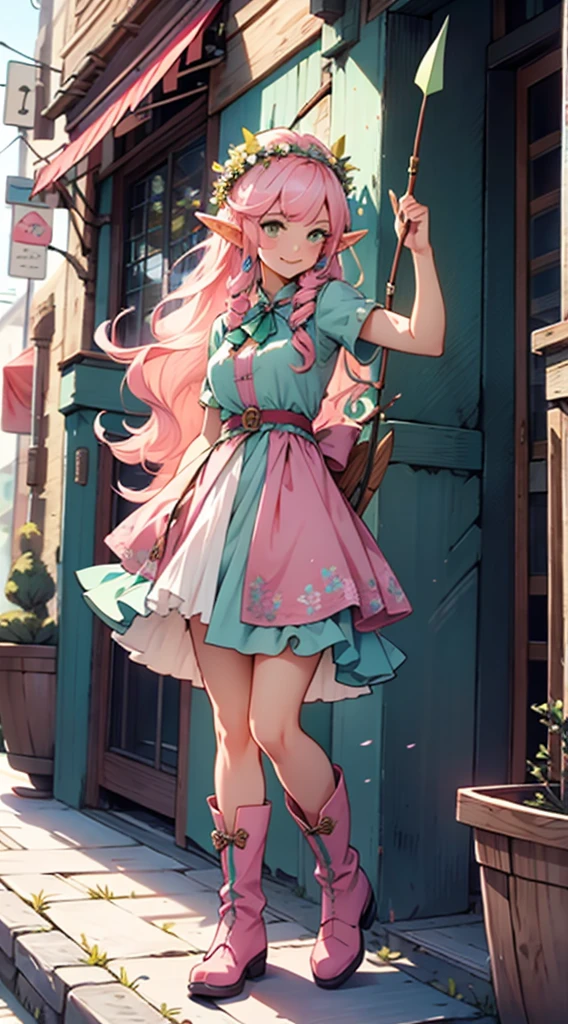 beautiful shy adult women elf, long pink hair and blue streaks hair, green eyes, with flower crown, smile, flirty bard, aiming an arrow from bow, full body, boots, blue and pink armor dress, medium bust, 