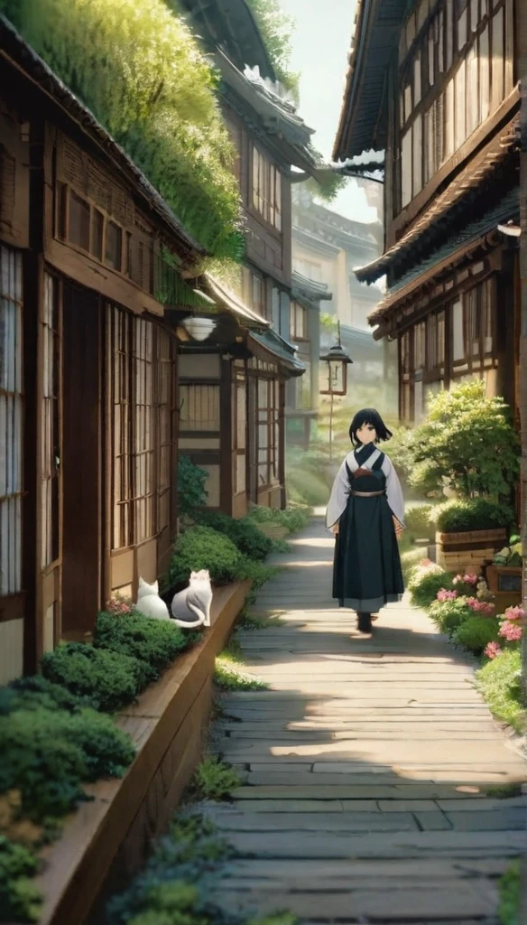 Long Shot、The subject is small、Three-haired cat、Cats only、Three-haired cat strolling around as if it owns the place、Three-haired cat walking on the promenade、Old Japan cityscape、Plant-lined path、Different world、Create silence、